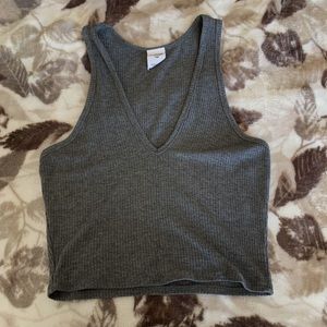 ribbed dark grey tank top with deep v neck-line